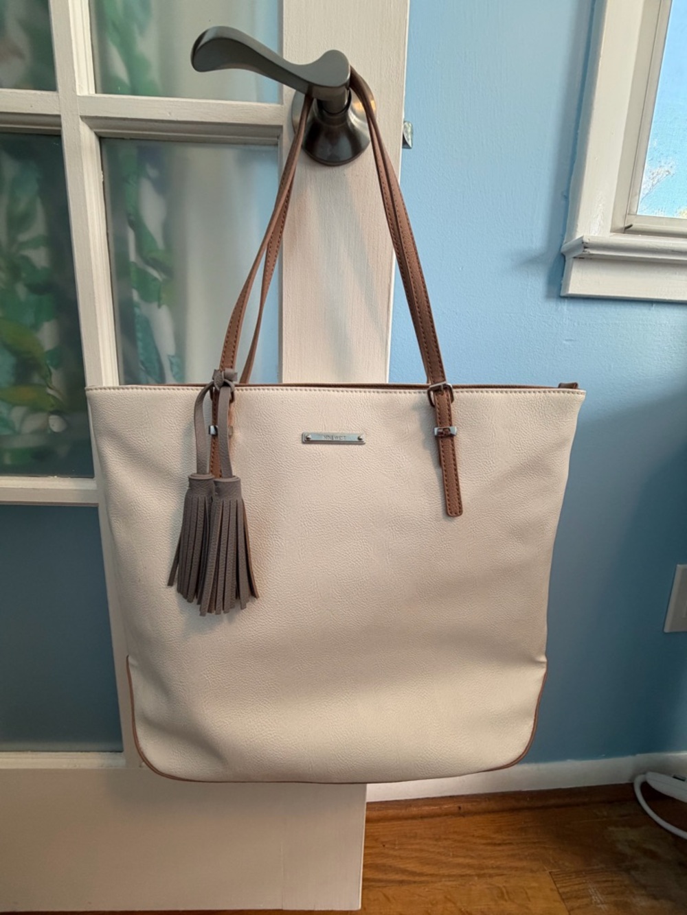 Vintage Nine West Cream Shoulder Tote with Brown Trim and Gray Tassel Accent